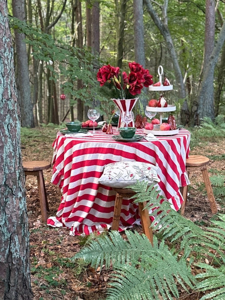 Juldukning i skogen, rödrandig duk och grönt porslin