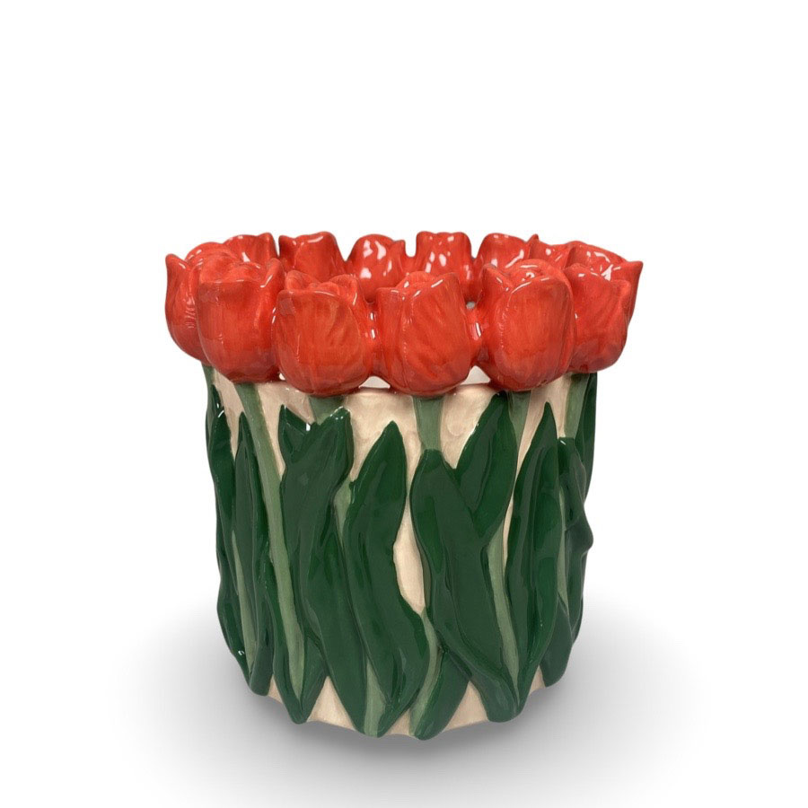 BOTANICA HANDPAINTED  RED TULIP BOUQUET VASE ROUND
