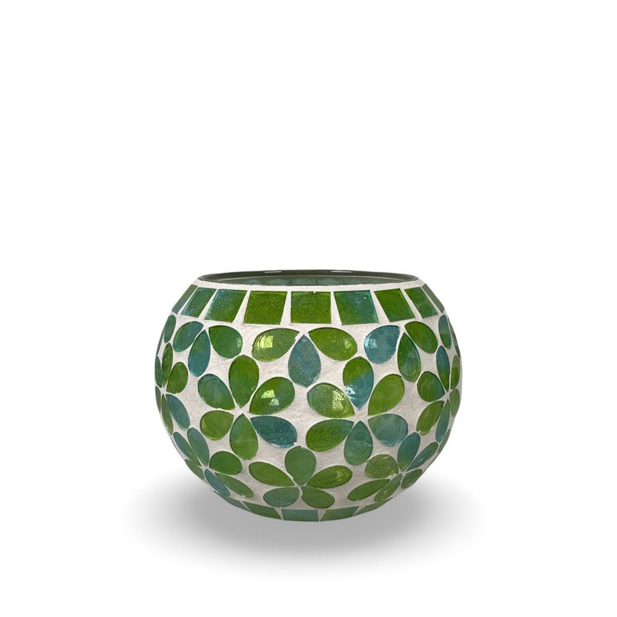 CANDLE HOLDER MOSAIK PETALS GREEN ROUND