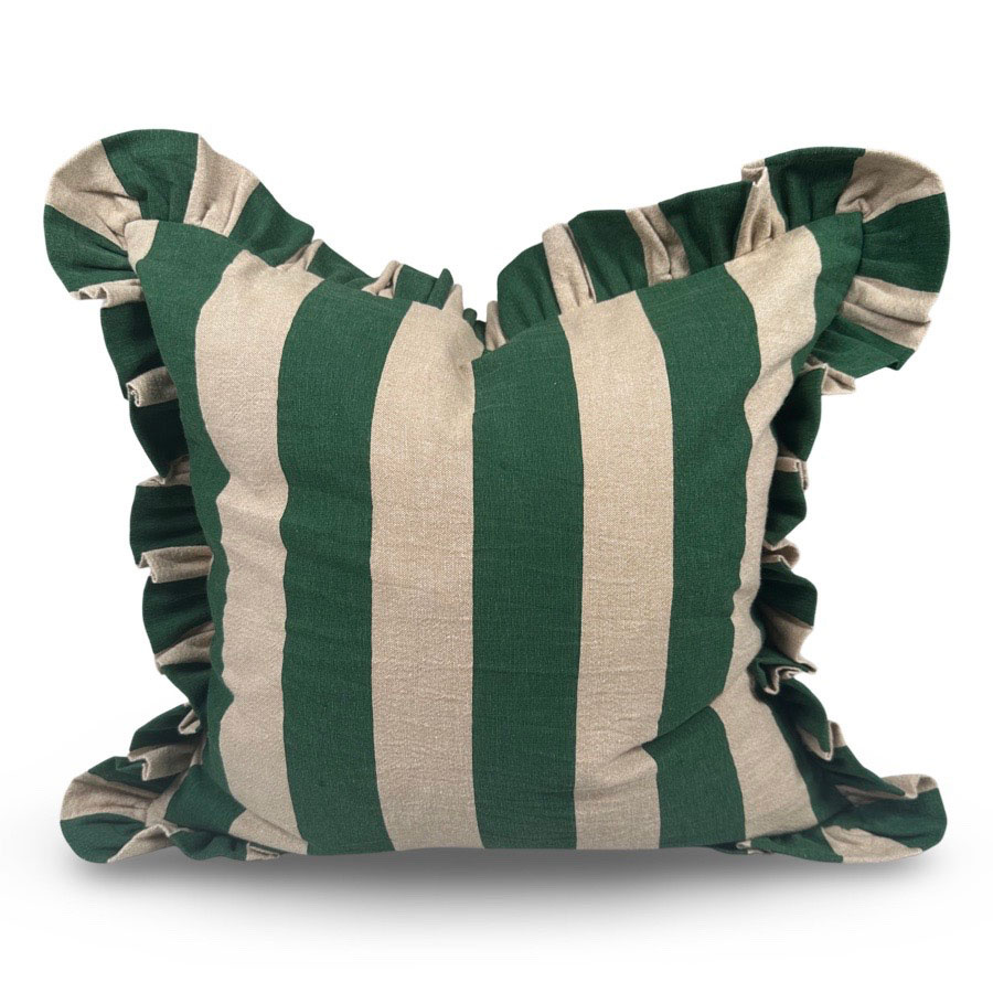 CUSHION COVER FLOUNCE GREEN BLOCK STRIPE