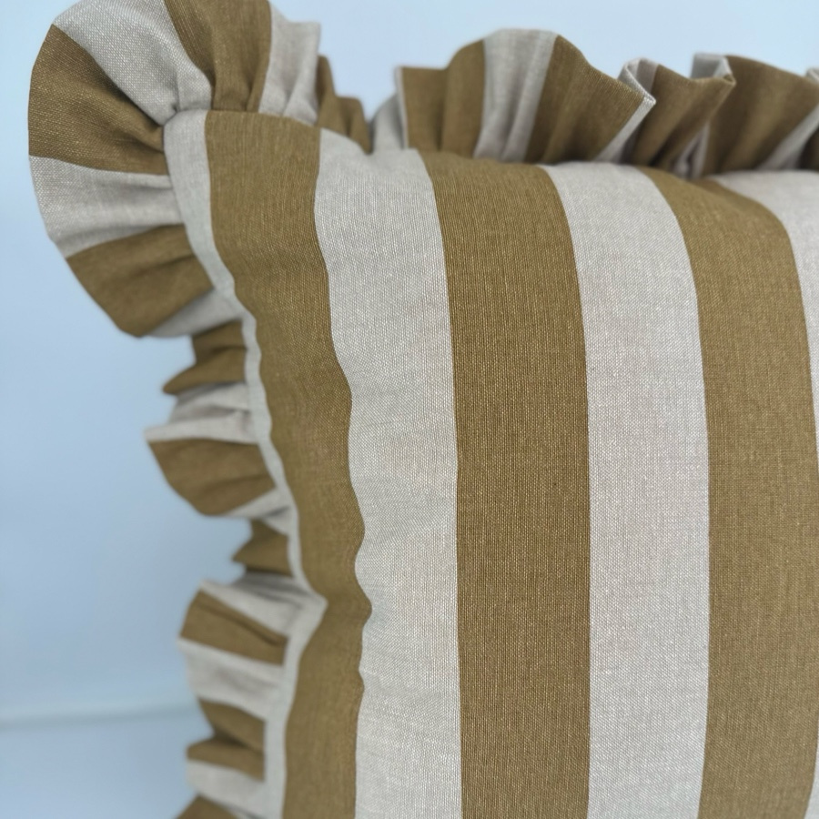 CUSHION COVER FLOUNCE MUSTARD BLOCK STRIPE