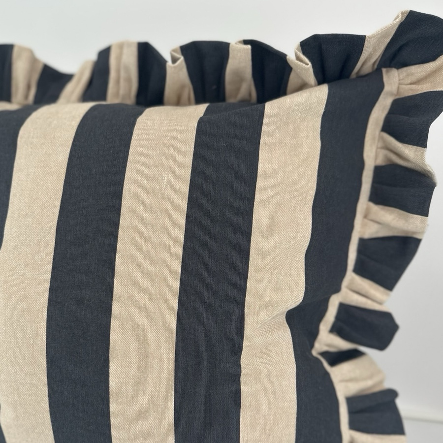 CUSHION COVER FLOUNCE CHARCOAL BLOCK STRIPE
